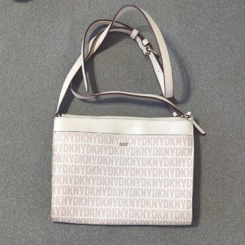 DKNY Logo Print Crossbody Bag in Cream and Brown Tote 5